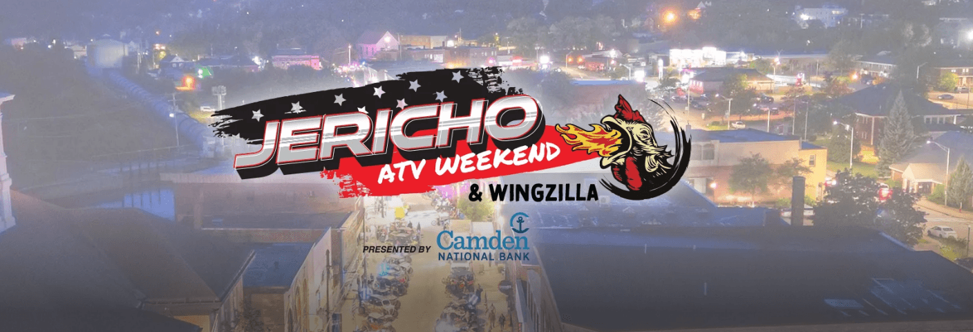 Jericho ATV Weekend and WingZilla over an aerial view of downtown Berlin at night